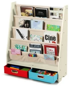 Costway Kids Book Rack Toys Organizer with 4 Sling Bookshelf & 2 Boxes EspressoBeige -Bookshelves Sales Shop unnamed file 2981