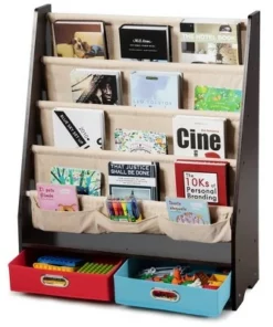 Costway Kids Book Rack Toys Organizer with 4 Sling Bookshelf & 2 Boxes EspressoBeige -Bookshelves Sales Shop unnamed file 2982