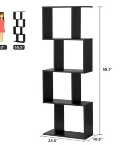 Costway 4-tier S-Shaped Bookcase Free Standing Storage Rack Wooden Display Decor Black