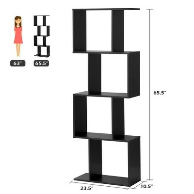 Costway 4-tier S-Shaped Bookcase Free Standing Storage Rack Wooden Display Decor Black 3 Costway 4-tier S-Shaped Bookcase Free Standing Storage Rack Wooden Display Decor Black