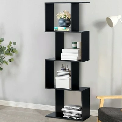 Costway 4-tier S-Shaped Bookcase Free Standing Storage Rack Wooden Display Decor Black 4 Costway 4-tier S-Shaped Bookcase Free Standing Storage Rack Wooden Display Decor Black - Image 2