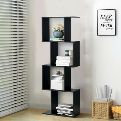 Costway 4-tier S-Shaped Bookcase Free Standing Storage Rack Wooden Display Decor Black 5 Costway 4-tier S-Shaped Bookcase Free Standing Storage Rack Wooden Display Decor Black - Image 3