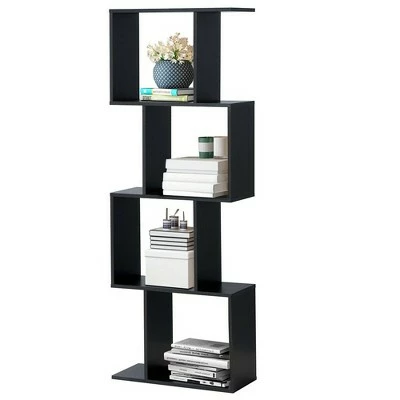 Costway 4-tier S-Shaped Bookcase Free Standing Storage Rack Wooden Display Decor Black 7 Costway 4-tier S-Shaped Bookcase Free Standing Storage Rack Wooden Display Decor Black - Image 5