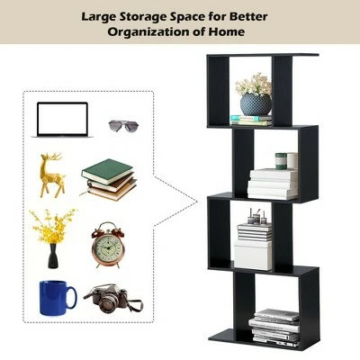 Costway 4-tier S-Shaped Bookcase Free Standing Storage Rack Wooden Display Decor Black 8 Costway 4-tier S-Shaped Bookcase Free Standing Storage Rack Wooden Display Decor Black - Image 6