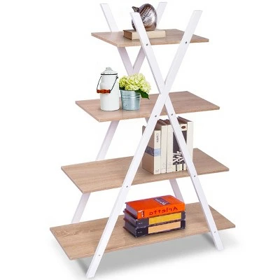 Costway 4-Tier Bookshelf Storage Display Shelves Bookcase Ladder X-Shape Brown/Black 9 Costway 4-Tier Bookshelf Storage Display Shelves Bookcase Ladder X-Shape Brown/Black - Image 7