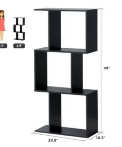 Costway 3-tier S-Shaped Bookcase Free Standing Storage Rack Wooden Display Decor Black