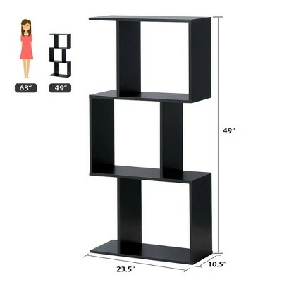 Costway 3-tier S-Shaped Bookcase Free Standing Storage Rack Wooden Display Decor Black 3 Costway 3-tier S-Shaped Bookcase Free Standing Storage Rack Wooden Display Decor Black