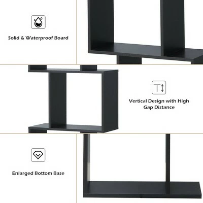 Costway 3-tier S-Shaped Bookcase Free Standing Storage Rack Wooden Display Decor Black 11 Costway 3-tier S-Shaped Bookcase Free Standing Storage Rack Wooden Display Decor Black - Image 9