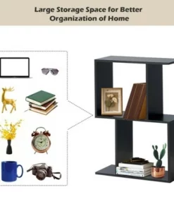 Costway 2-tier S-Shaped Bookcase Free Standing Storage Rack Wooden Display Decor Black -Bookshelves Sales Shop unnamed file 3232