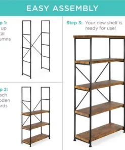 Best Choice Products 5-Tier Rustic Industrial Bookshelf Display Décor Accent w/ Metal Frame, Wood Shelves -Bookshelves Sales Shop unnamed file 3415