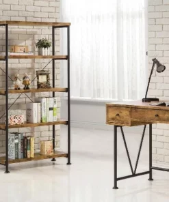 Coaster Furniture Barritt Collection 5 Shelf Durable Heavy Duty Steel Metal 63 inch Bookcase Shelf, Antique Nutmeg Finish with Black Metal Frame