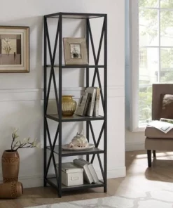 61" Modern Farmhouse X Frame Metal and Wood Media Bookshelf - Saracina Home Driftwood