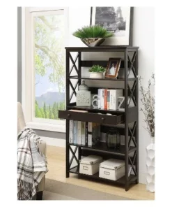 59.75" Oxford 5 Tier Bookcase with Drawer Black - Breighton Home