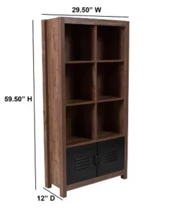 Flash Furniture New Lancaster Collection 59.5"H 6 Cube Storage Organizer Bookcase with Metal Cabinet Doors in Crosscut Oak Wood Grain Finish