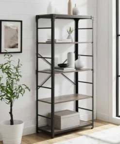 64" Benny Angle Iron 4 Tiered Mixed Material Bookshelf - Saracina Home Rustic Oak