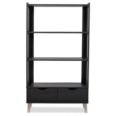 62.4" 2 Drawers Kalien Modern and Contemporary Bookshelf with Display Shelves Espresso Brown - Baxton Studio 3 62.4" 2 Drawers Kalien Modern and Contemporary Bookshelf with Display Shelves Espresso Brown - Baxton Studio
