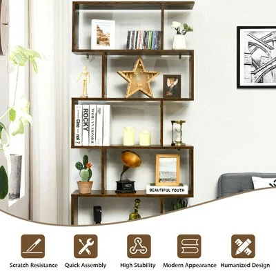Costway 1/2 PCS 6 Tier S-Shaped Bookshelf Storage Display Bookcase Z-Shelf Coffee 6 Costway 1/2 PCS 6 Tier S-Shaped Bookshelf Storage Display Bookcase Z-Shelf Coffee - Image 4