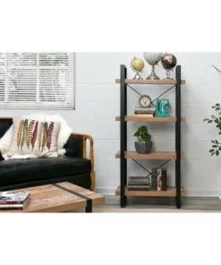 55" Bourbon Foundry 4 Tier Bookshelf Wood and Black Steel Oak - OneSpace -Bookshelves Sales Shop unnamed file 4580