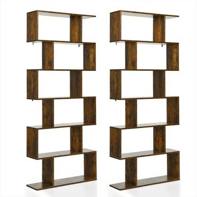 Costway 1/2 PCS 6 Tier S-Shaped Bookshelf Storage Display Bookcase Z-Shelf Coffee 12 Costway 1/2 PCS 6 Tier S-Shaped Bookshelf Storage Display Bookcase Z-Shelf Coffee - Image 10