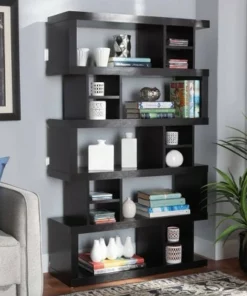 57.01" Dora Wood 5 Tier Geometric Bookshelf Dark Brown - Baxton Studio -Bookshelves Sales Shop unnamed file 4619