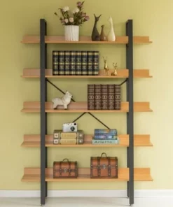 Fabulaxe Industrial 5 Shelf Wood and Metal Etagere Rustic Bookcase Free Standing Bookshelf