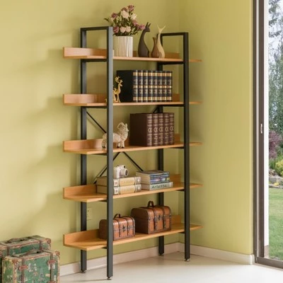 Fabulaxe Industrial 5 Shelf Wood and Metal Etagere Rustic Bookcase Free Standing Bookshelf 6 Fabulaxe Industrial 5 Shelf Wood and Metal Etagere Rustic Bookcase Free Standing Bookshelf - Image 4