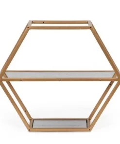 17" Lepley Modern Glam Handcrafted Glass 2 Shelf Hexagonal Decorative Shelf Antique Gold - Christopher Knight Home