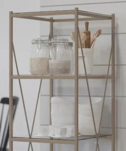 Merrick Lane 64" Modern Bookshelf Glass 4-Shelf Bookcase with Powder Coated Matte Gold Cross Braced Frame -Bookshelves Sales Shop unnamed file 4969