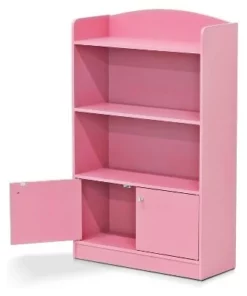 Furinno KidKanac Bookshelf Bookcase with 3 Shelves and Storage Cabinet for Bedroom, Living Room or Playroom Organization, Pink