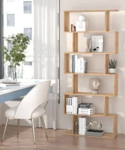 HOMCOM 75.5"H Bookcase 6 Shelf S-Shaped Bookshelf Wooden Storage Display Stand Shelf Organizer Free Standing Oak
