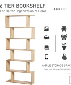 HOMCOM 75.5"H Bookcase 6 Shelf S-Shaped Bookshelf Wooden Storage Display Stand Shelf Organizer Free Standing Oak -Bookshelves Sales Shop unnamed file 5024