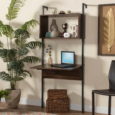 Fariat Walnut Wood and Metal Display Shelf with Desk Brown/Black - Baxton Studio 7 Fariat Walnut Wood and Metal Display Shelf with Desk Brown/Black - Baxton Studio - Image 5