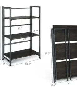 Costway 3-Tier Folding Bookshelf Foldable Metal Storage Shelf Portable Display Rack GreyWood