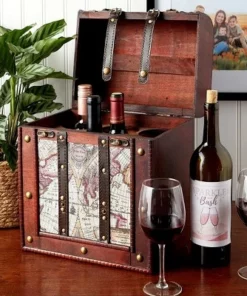 Okuna Outpost Wooden Travel Wine Bottle Box for Storage, World Map Design, 11 x 8.5 x 9.8 in.