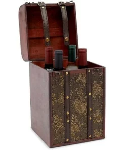 Okuna Outpost Wooden 4 Bottles Travel Wine for Storage Storage Bar Accessory, Flower Pattern, 8 x 8.5 x 13.8 in.