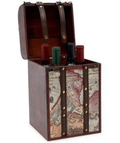 Okuna Outpost Wooden 4 Bottles Travel Wine for Storage Bar Accessory, World Map Design, 8. x 8.5 x 13.8 in.