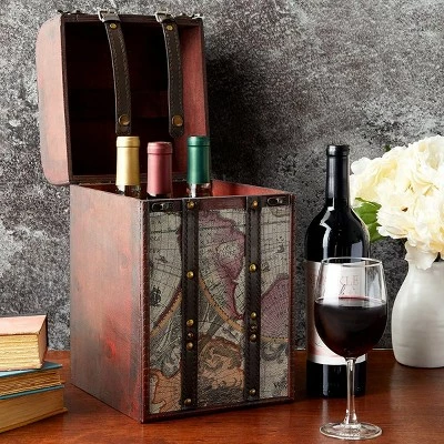 Okuna Outpost Wooden 4 Bottles Travel Wine for Storage Bar Accessory, World Map Design, 8. x 8.5 x 13.8 in. 4 Okuna Outpost Wooden 4 Bottles Travel Wine for Storage Bar Accessory, World Map Design, 8. x 8.5 x 13.8 in. - Image 2