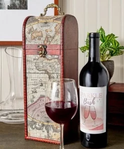 Okuna Outpost Single Wooden Wine Box Bottle Holder World Map Treasure Chest Gift Box Storage Bar Accessory