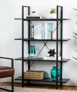 Modern Industry Metal/Wooden 4 Tier Bookcase with Shelves - Glitzhome Black