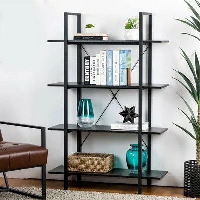 Modern Industry Metal/Wooden 4 Tier Bookcase with Shelves - Glitzhome Black 3 Modern Industry Metal/Wooden 4 Tier Bookcase with Shelves - Glitzhome Black