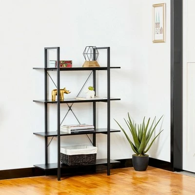 Modern Industry Metal/Wooden 4 Tier Bookcase with Shelves - Glitzhome Black 4 Modern Industry Metal/Wooden 4 Tier Bookcase with Shelves - Glitzhome Black - Image 2