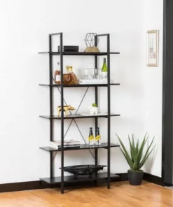 Modern Industry Metal/Wooden 5 Tier Bookcase and Shelves - Glitzhome Black