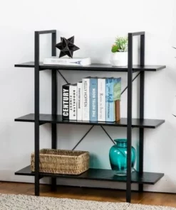 Modern Industry Metal/Wooden 3 Tier Bookcase with Shelves - Glitzhome Walnut