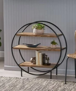 37.5" Dundas Handcrafted Industrial Circular Mango Wood Shelf Natural/Black - Christopher Knight Home