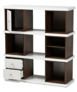 39.06" Rune Two-Tone 2 Drawer Bookcase White/Walnut - Baxton Studio