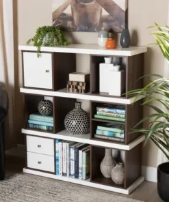 39.06" Rune Two-Tone 2 Drawer Bookcase White/Walnut - Baxton Studio -Bookshelves Sales Shop unnamed file 881